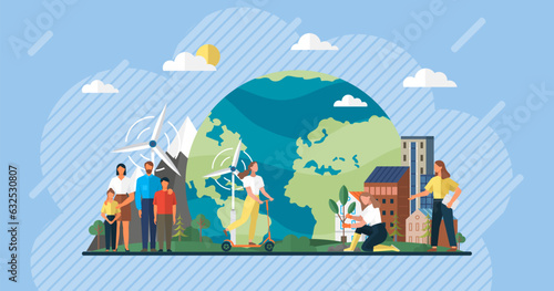 Happy people walking and resting in green eco city park illustration with globe, woman planting plant, girl riding scooter, family standing together. Clean ecology and environment, respect for nature