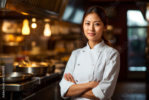  an attractive young head chef asianwoman of a prestigious restaurant. businesswoman, asian, china, japan. hotel. cook concept. illustration created with AI