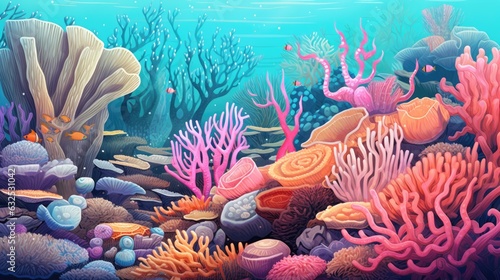 Coral reef underwater texture. Vivid corals. Undersea bottom texture. Underwater life scene. AI illustration.
