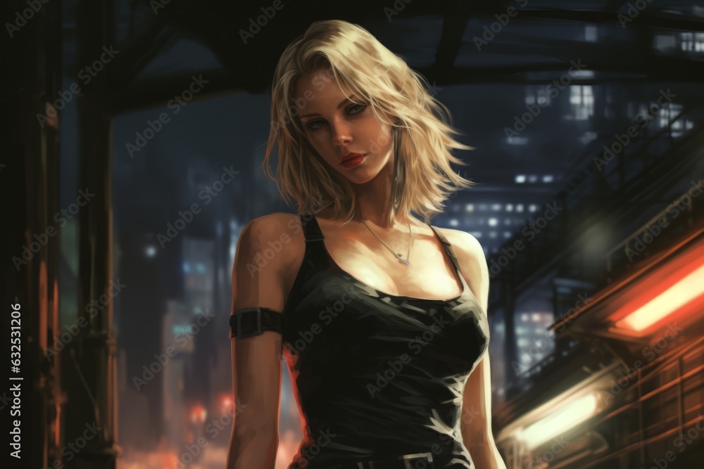 Woman in black clothes is indoors at night. Beautiful illustration picture. Generative AI Woman in black clothes is indoors at night. Beautiful illustration picture. Generative AI