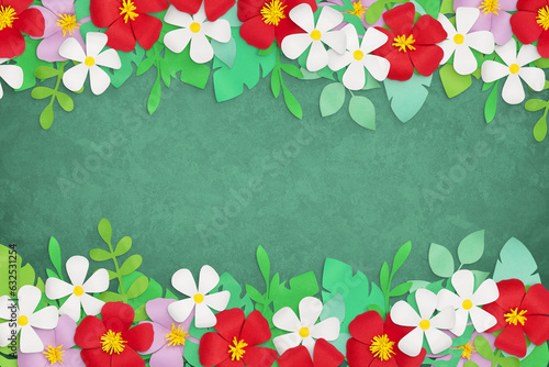 Composition of cut paper tropical palm leaves, jungle Monstera, banana leaves, flowers. Handmade nature mockup, summer art collection on green background. Top view, flat lay, close up, copy space