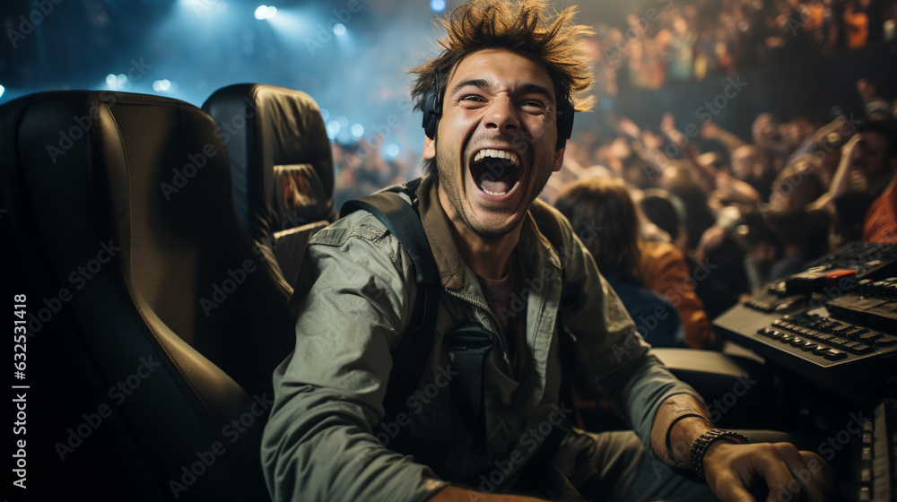 An overhead shot of a pro gamer jumping out of their seat with a wide grin after winning a match Generative AI An overhead shot of a pro gamer jumping out of their seat with a wide grin after winning a match Generative AI