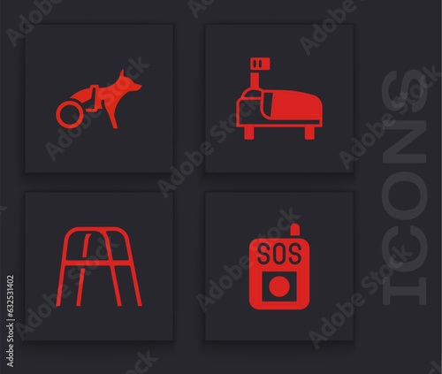 Set Press the SOS button, Dog in wheelchair, Hospital bed and Walker icon. Vector