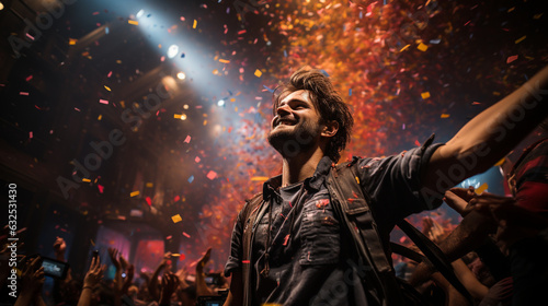 A photo of a pro gamer surrounded by confetti and streamers, commemorating their victory Generative AI