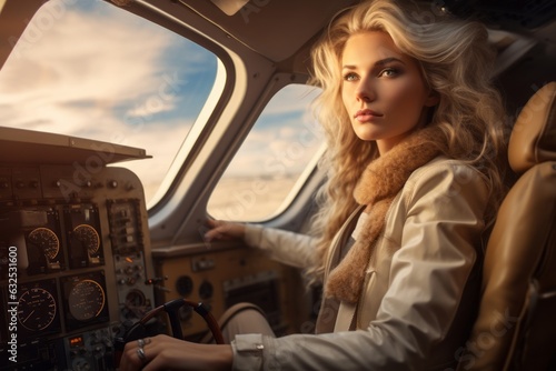 Woman in modern airplane. Beautiful illustration picture. Generative AI