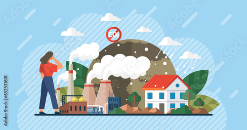 Toxic smoke from industrial factories floating in air. Causing pollution, destroying environment and health of population of large cities, global emission from factory chimney with carbon dioxide