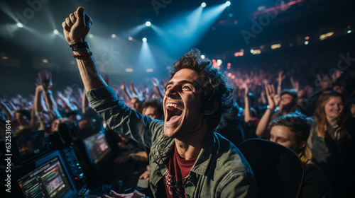 A pro gamer pumping their fists in the air as the crowd erupts in cheers around them Generative AI