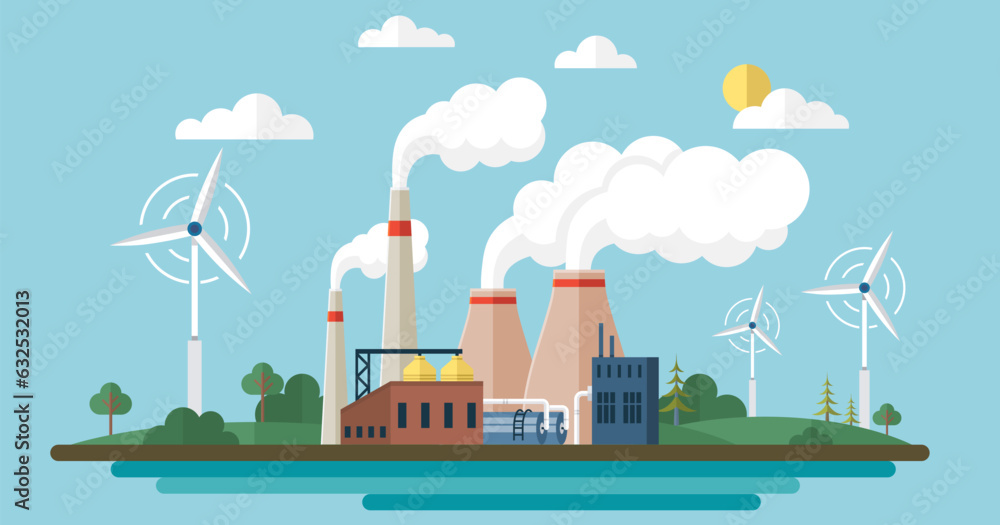 Fototapeta premium Turbine wind power green energy electricity concept wind energy plant with green grass open sky vector illustration. Eco green city theme. Ecological sustainable energy supply, ecological industry