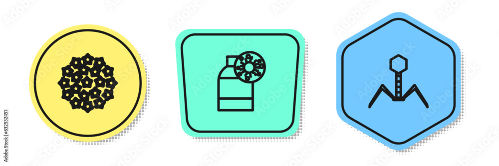 Set line Virus, Bottle with virus and Bacteria bacteriophage. Colored shapes. Vector Set line Virus, Bottle with virus and Bacteria bacteriophage. Colored shapes. Vector