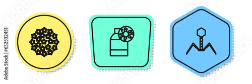 Set line Virus, Bottle with virus and Bacteria bacteriophage. Colored shapes. Vector