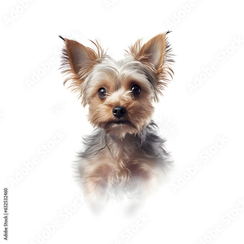 Yorkshire terrier dog in portrait against white background.