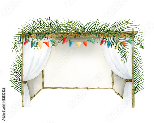 Photographie Decorated Sukkah with palm leaves on the top and festive colorful flags watercolor illustration isolated on white background for Jewish Sukkot holiday
