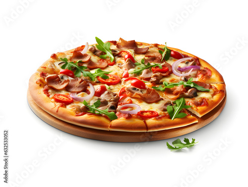 Hot tasty traditional italian pizza with salami, cheese, tomatoes greens on a white background