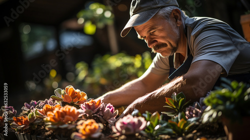 A senior gardener tending to a colorful flowerbed Generative AI © Denis Yevtekhov