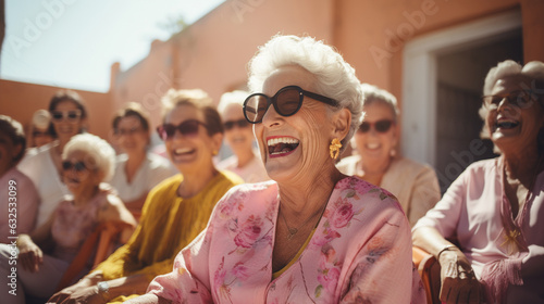 An elderly woman laughing during a laughter yoga session Generative AI