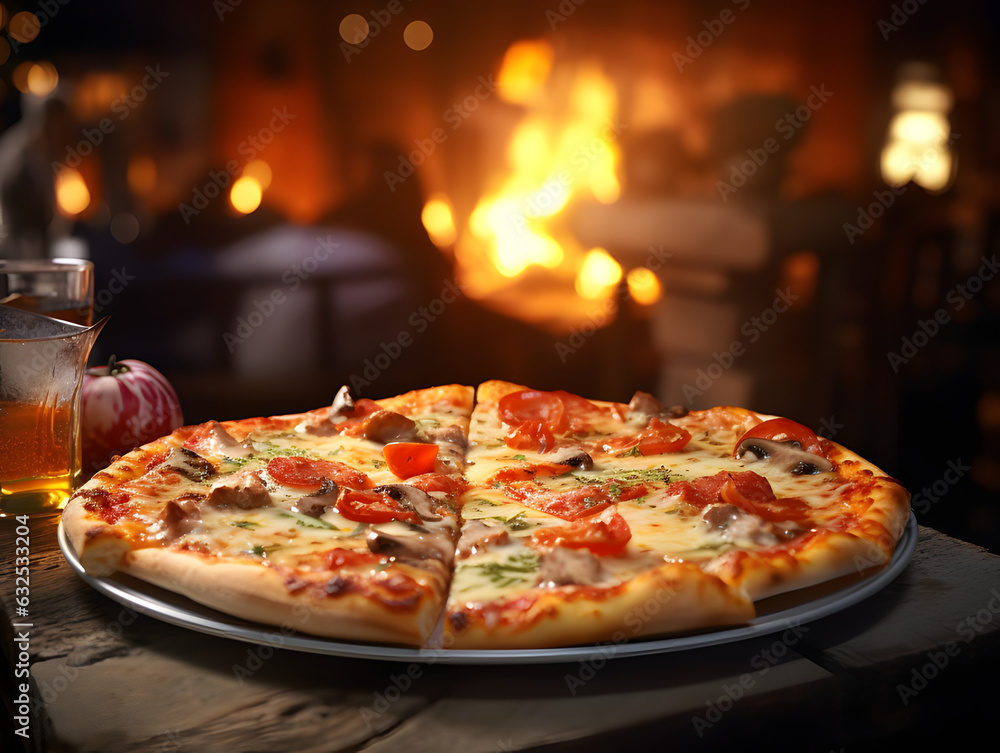 Fresh baked pizza closeup, traditional wood fired oven background. Fresh baked pizza closeup, traditional wood fired oven background.