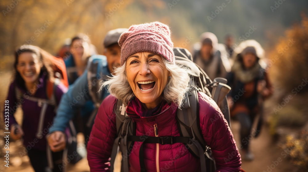 An older woman enthusiastically leading a hiking group Generative AI