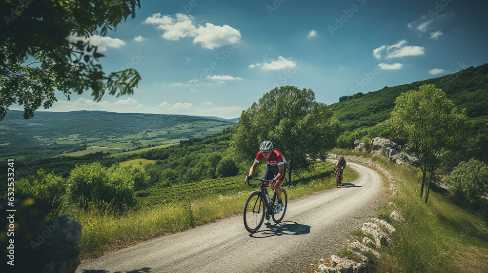 A senior cyclist pedaling through a scenic countryside road Generative AI
