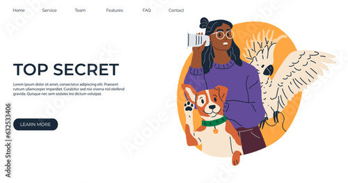 Spy person listening eavesdropping on people. Top secret landing page template. Information privacy violation spyware app espionage. Person sneaking, peeking, watching, looking sneaky and waiting