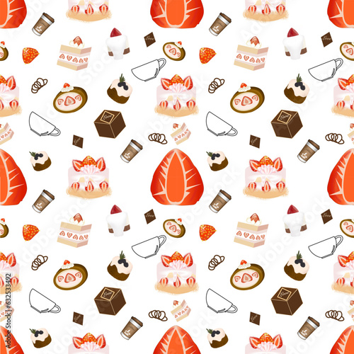 Wrapping paper decorating by cake strawberry coffee cup for background and texture concept