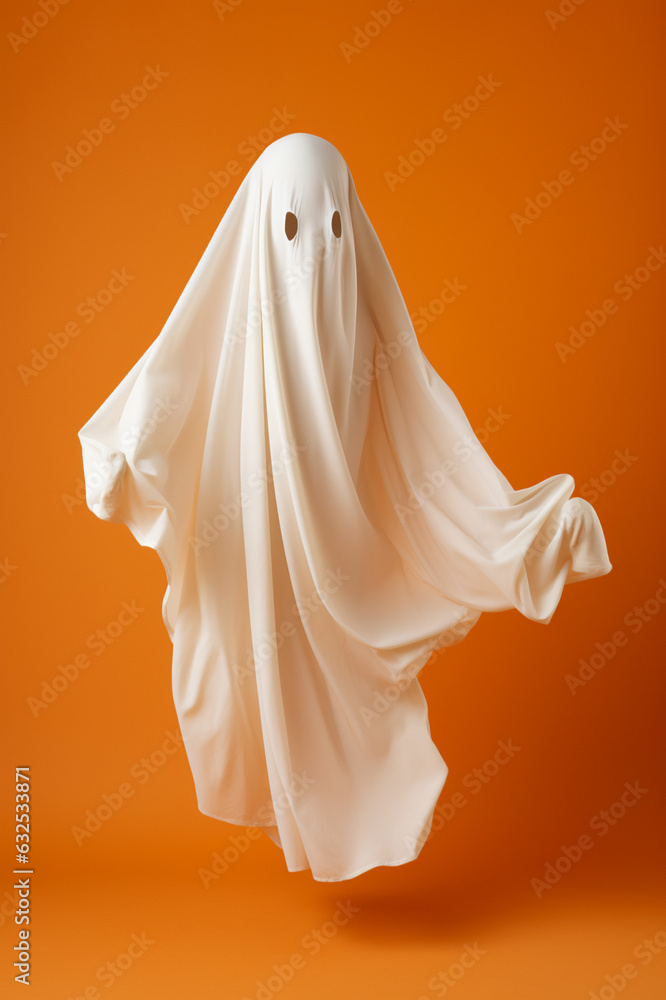 sheet ghost on orange background for Halloween, studio shot sheet ghost on orange background for Halloween, studio shot