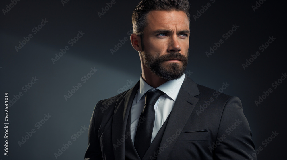 A man exuding professionalism in a suit, captured on the edge of a calm grey background, banner Generative AI A man exuding professionalism in a suit, captured on the edge of a calm grey background, banner Generative AI