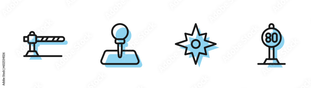 Set line Wind rose, Parking car barrier, Push pin and Speed limit traffic icon. Vector Set line Wind rose, Parking car barrier, Push pin and Speed limit traffic icon. Vector