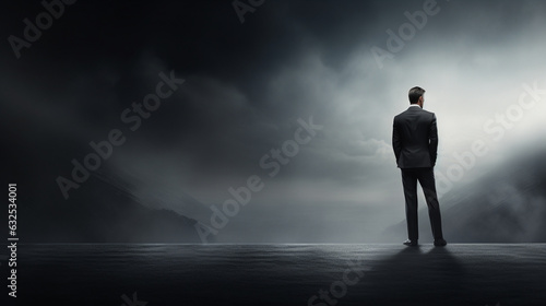 A sleek silhouette of a gentleman in a well-fitted suit against a smooth grey surface, banner Generative AI photo