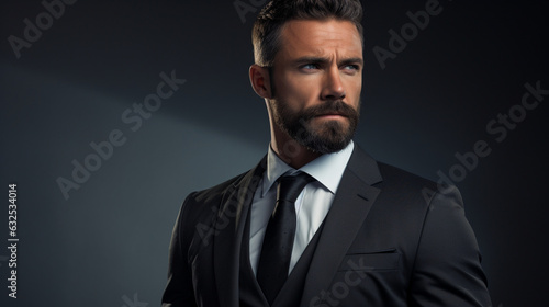 A man exuding professionalism in a suit, captured on the edge of a calm grey background, banner Generative AI