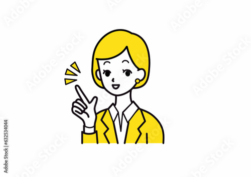 指を指すスーツの女性