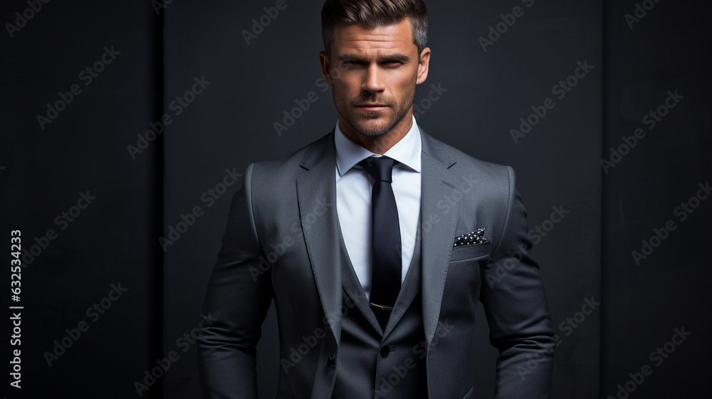 A stylish man in a suit exuding professionalism, positioned against a polished grey expanse Generative AI A stylish man in a suit exuding professionalism, positioned against a polished grey expanse Generative AI