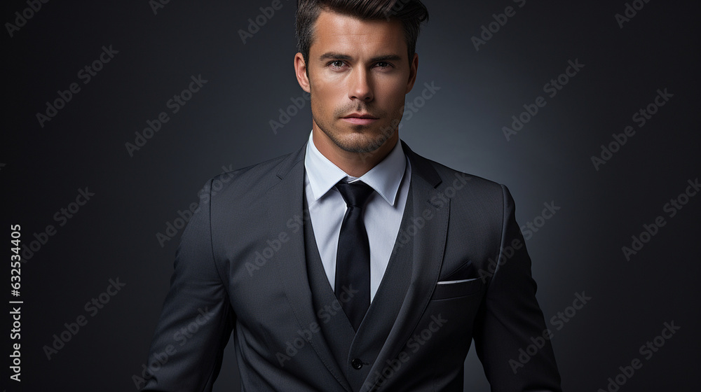 An image of a professional figure in a sharp suit positioned on one side against a sophisticated grey background Generative AI An image of a professional figure in a sharp suit positioned on one side against a sophisticated grey background Generative AI