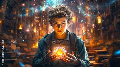 The Magical Journey - A Boy Kid Magician Embarking on a Sorcerer's Wizardry Adventure. photo