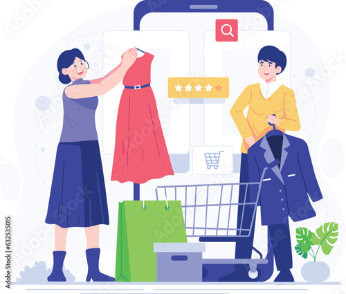 Shopping online concept vector illustration. Cartoon man and woman buying clothes in online shop. Order goods and get them fast and easy. E-commerce and delivery concept. Vector illustration.