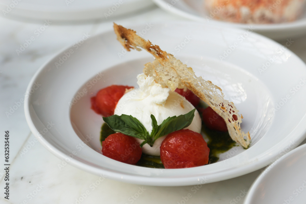 Fresh burrata cheese with tomatoes and basil Fresh burrata cheese with tomatoes and basil