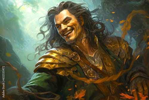 The Prankster's Charm - Mischievous Portrait of Loki, the Cunning Trickster God, with a Sly Smile and Serpent Staff Jormungandr. photo