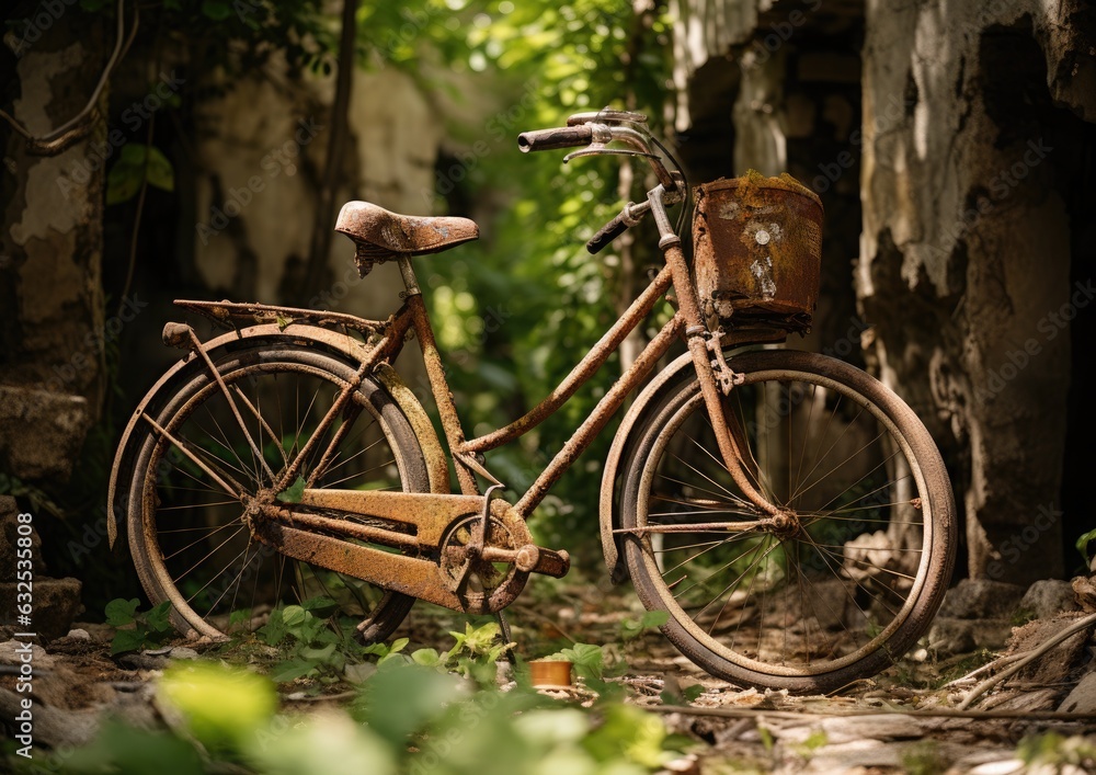 An old rusty bicycle covered by green plants