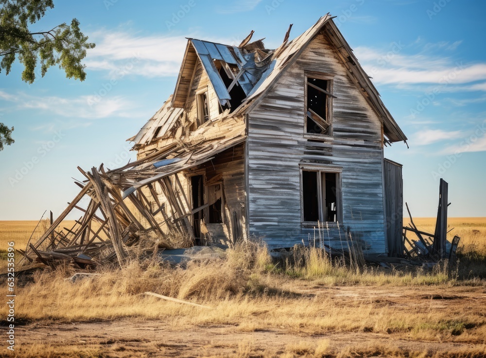 A large beautiful wooden two story abandoned farm house with peeling paint and broken windows in a rural summer countryside. Created with Generative AI technology. A large beautiful wooden two story abandoned farm house with peeling paint and broken windows in a rural summer countryside. Created with Generative AI technology.