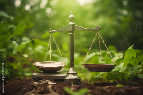 Scale of law in a natural background. Environmental law concept, sustainability, awareness.