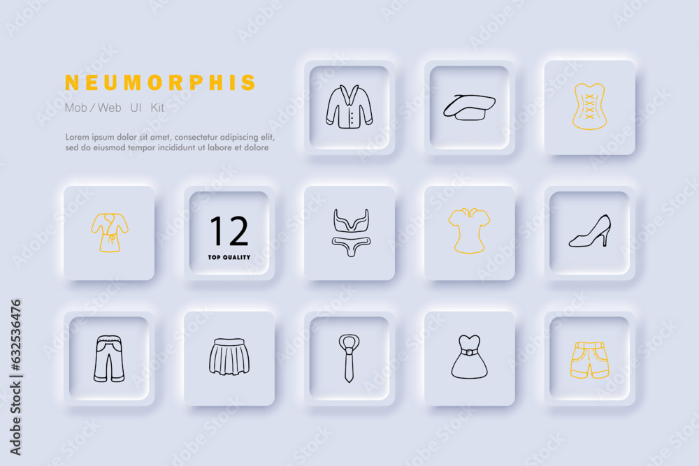 Clothing line icon. Jacket, dress, coat, glasses, blouse, socks, down jacket. Neomorphism style. Vector line icon Clothing line icon. Jacket, dress, coat, glasses, blouse, socks, down jacket. Neomorphism style. Vector line icon
