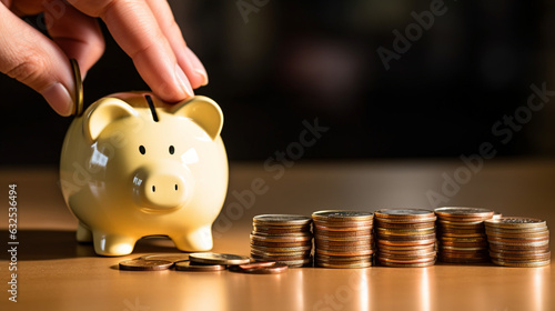 Close-up of a person's hand placing a coin into a piggy bank, finance and investment, banner, business, Generative AI