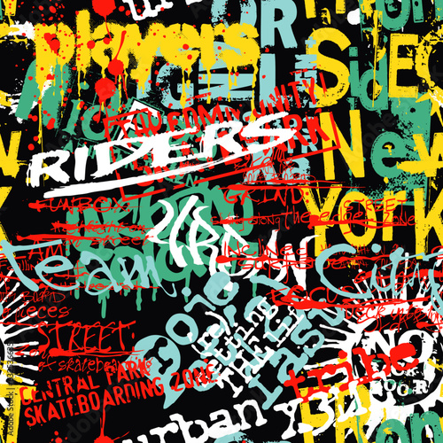 Colorful urban graffiti street art collage wallpaper abstract grunge vector seamless pattern