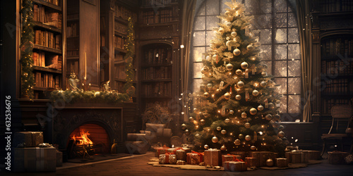 A Gift Box Beneath the Christmas Tree Welcoming the New Year Cozy Fireplace and Hot Drinks
