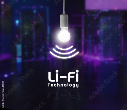 Lifi symbol with glowing bulb combined with wifi symbol and night smart city to background. Business, technology, internet and networking concept, hologram of hi-speed connection