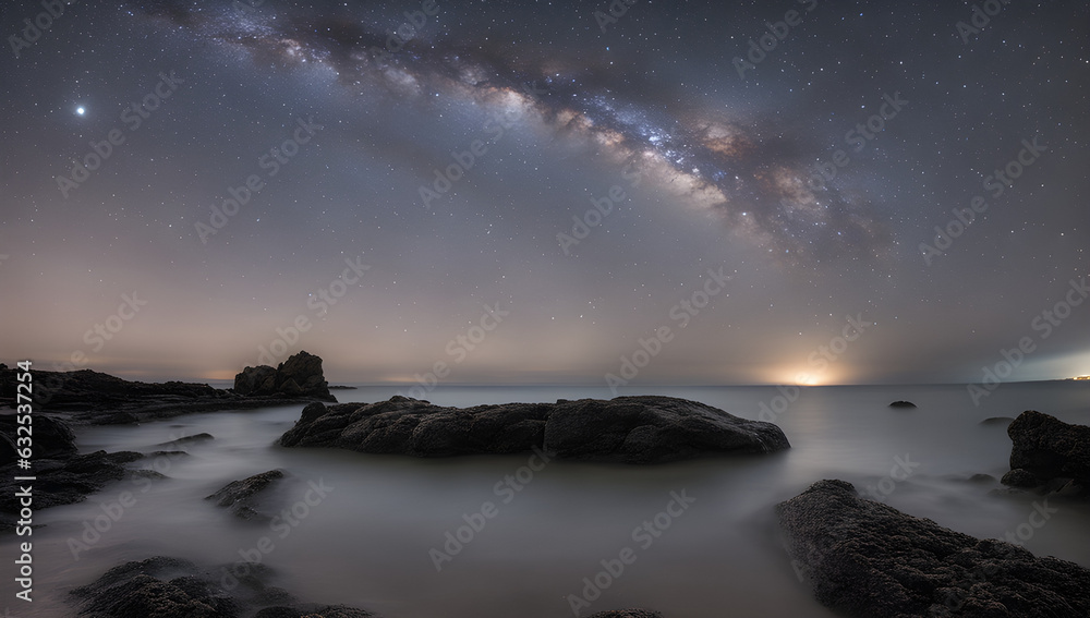 a long exposure of a star filled sky over a rocky beach with a body of water and a rock formation
