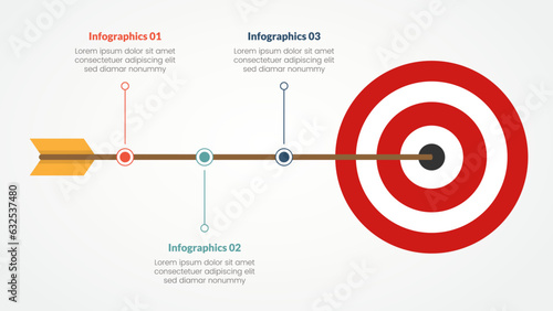 goals or business target infographic concept for slide presentation with dart and long arrow timeline 3 point list with flat style