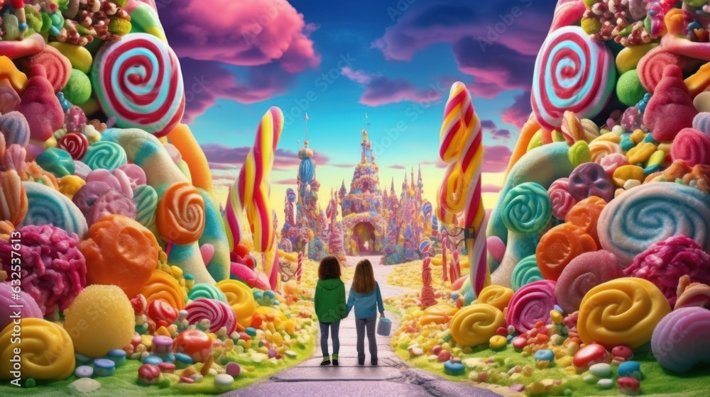 couple of children entering a wonderful candyland, ai tools generated image