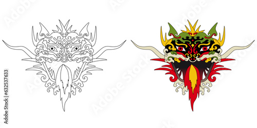 Une tête de dragon pour le nouvel an chinois 2024 - un modèle couleur et un dessin vierge aux contours noirs afin de servir de base au coloriage.