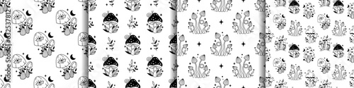 Vector magic psychedelic seamless pattern set. Outline mushrooms, stars, moons and plants. Black mystic mushrooms on white background. Witchy esoteric seamless pattern collection.