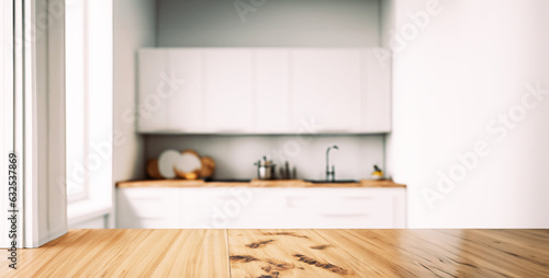 immagine primo piano di tavolo da cucina in legno naturale, sfondo ambiente cucina luminoso, sfuocato photo